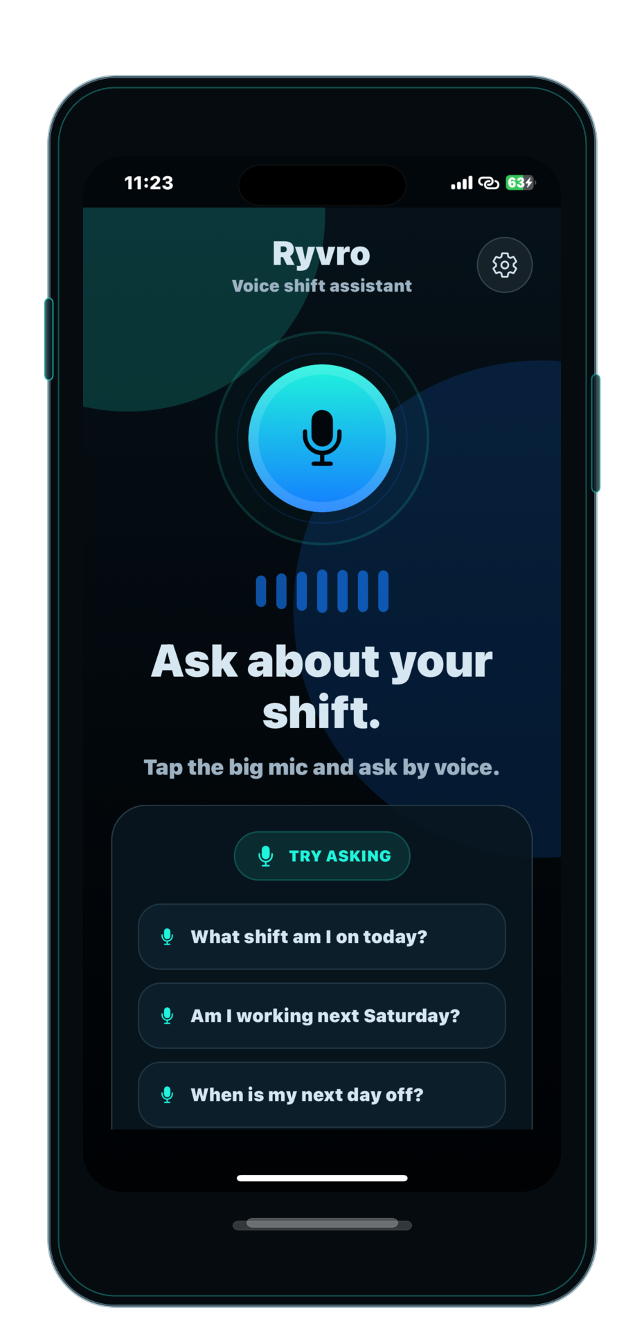 Ryvro Ask screen showing voice prompt examples