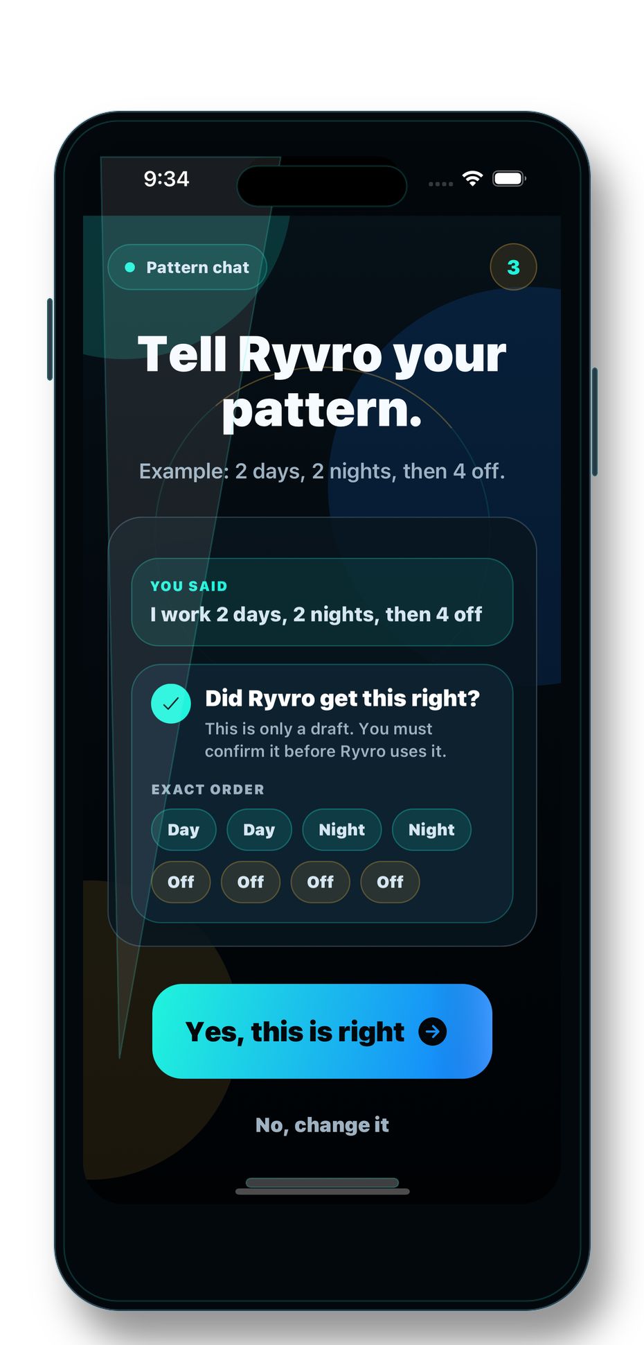 Ryvro setup screen showing a checked shift pattern