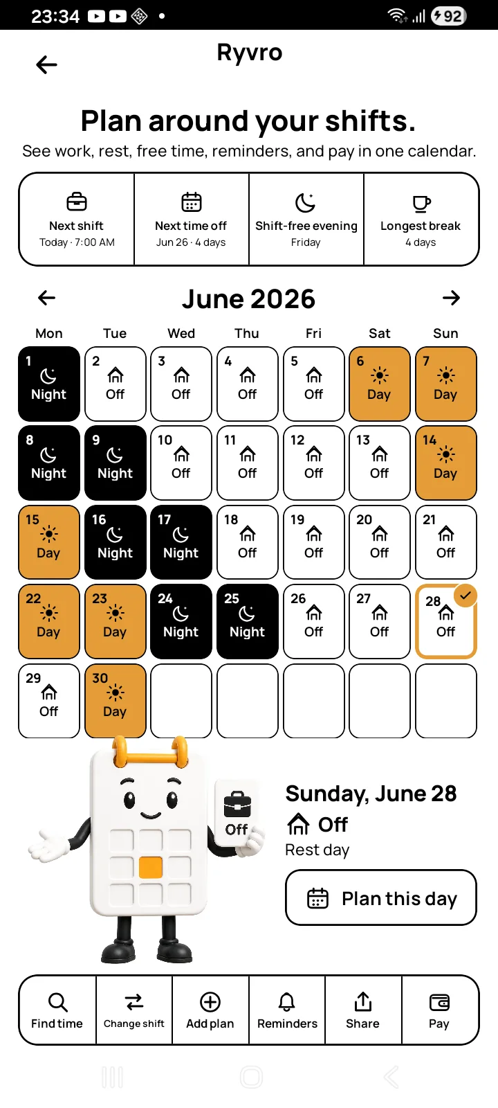 Ryvro calendar showing June shifts, the next shift, next time off, a free evening, the longest break, and a selected off day