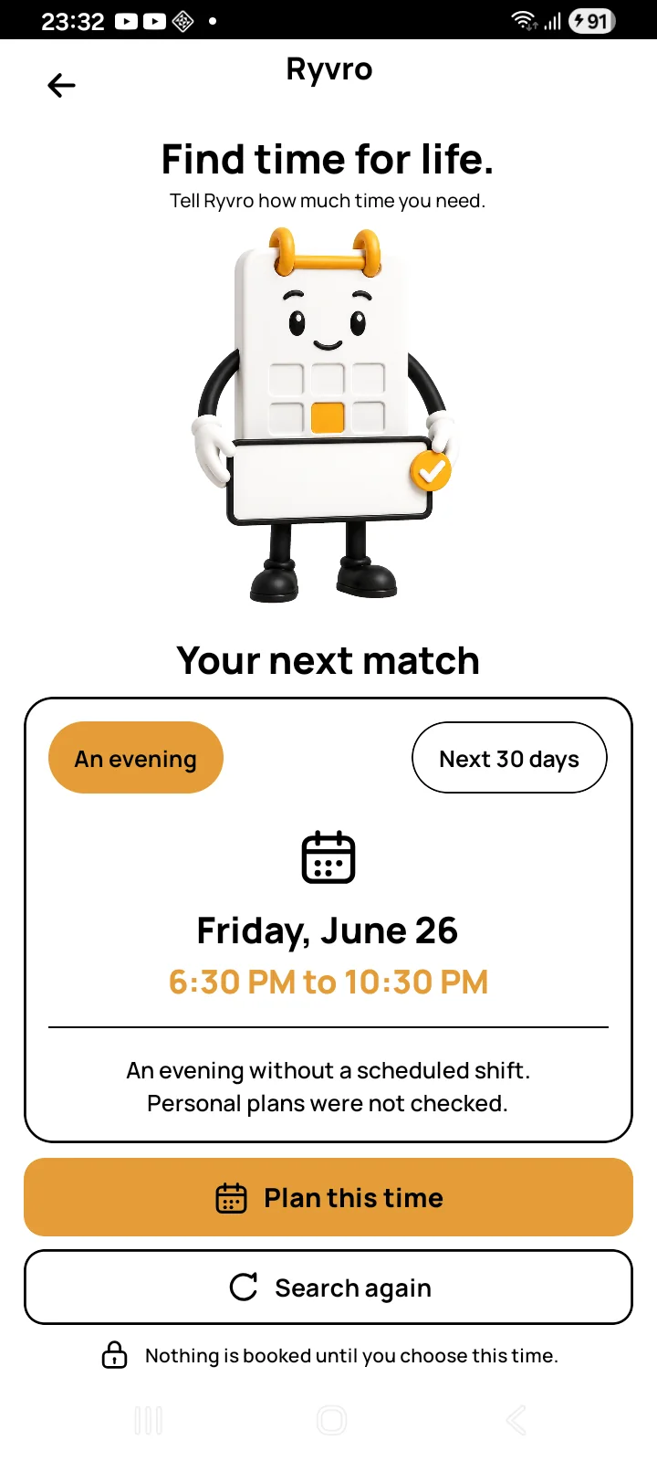 Ryvro Find Time showing a shift-free match and whether personal plans were included