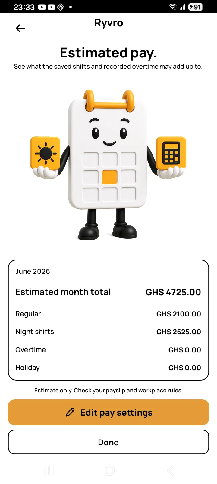 Ryvro estimated pay view with a clear estimate-only notice