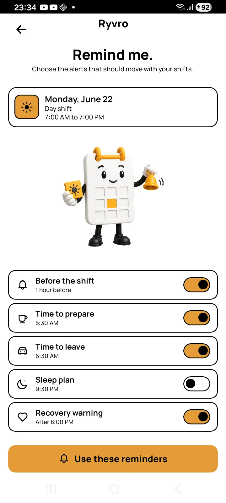 Ryvro reminder settings for shifts, preparation, a sleep plan, and recovery