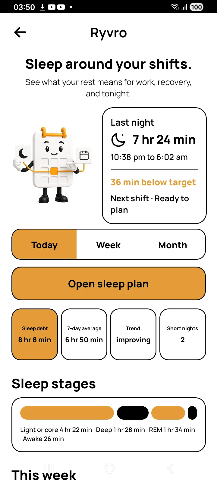 Ryvro showing an example sleep and recovery overview