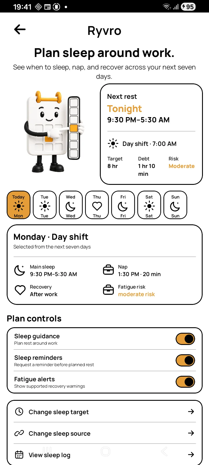 Ryvro showing a seven-day sleep, nap, and recovery plan around example shifts