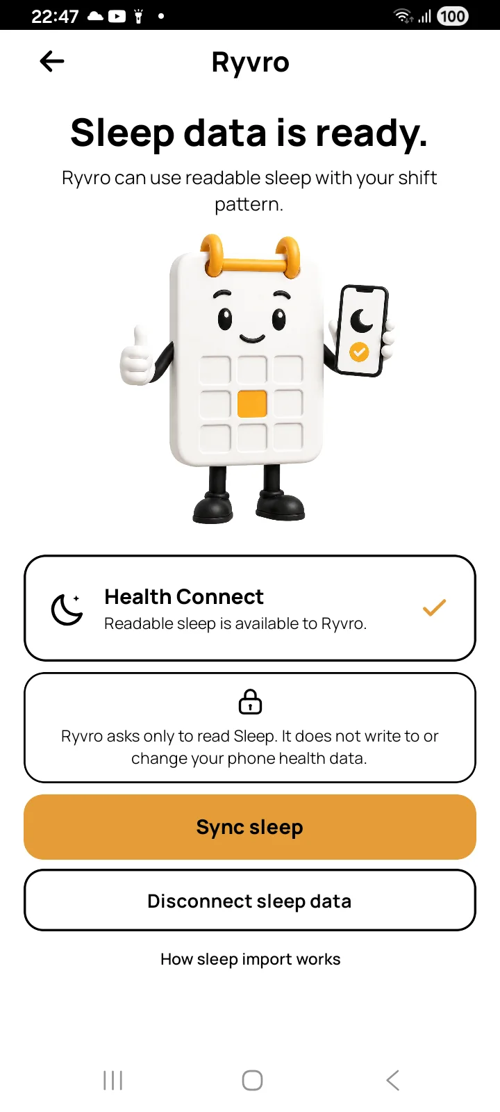 Ryvro showing read-only Health Connect access and source controls