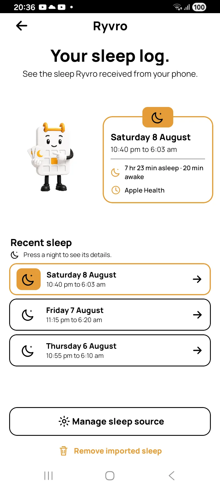 Ryvro showing example imported sleep sessions